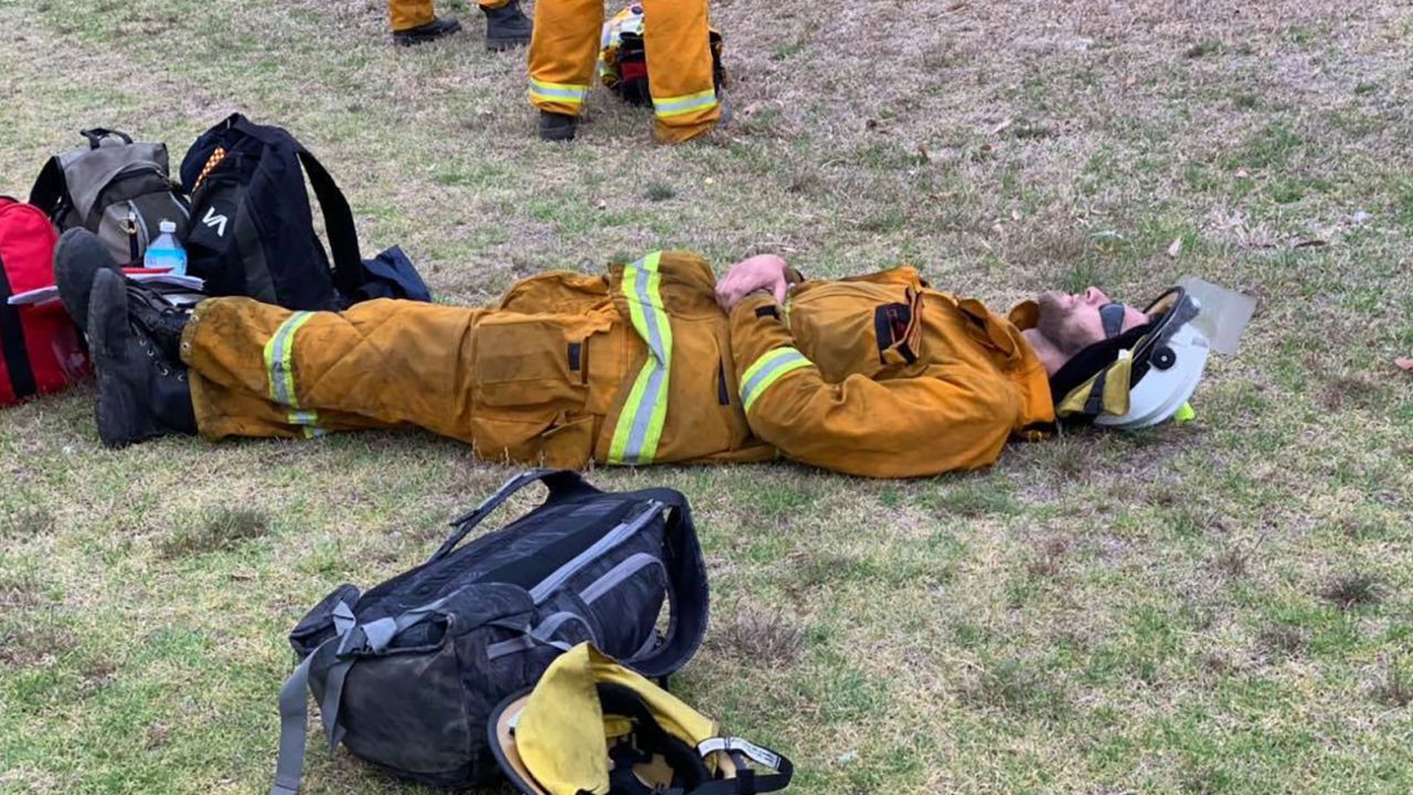 A firefighter takes a break from battling wildfires on Kangaroo Island in South Australia.