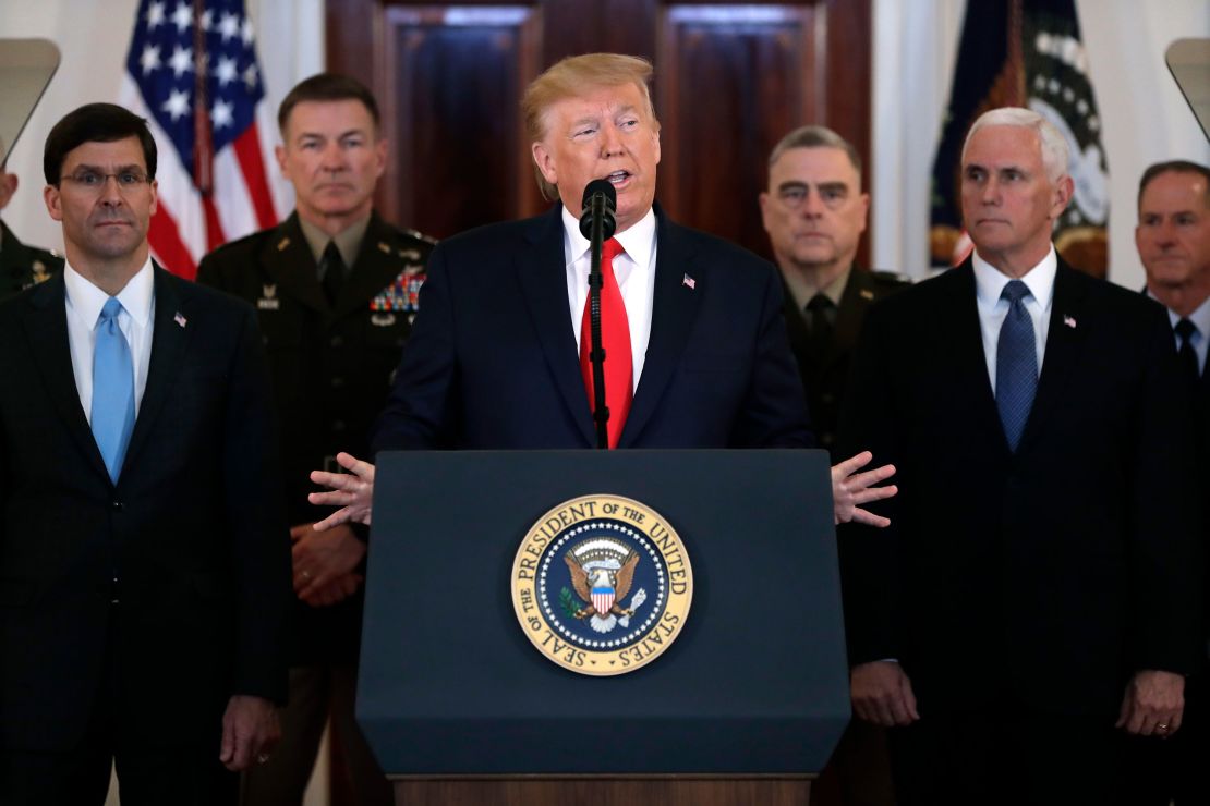 President Donald Trump addresses the nation from the White House on Wednesday, January 8, 2020. 