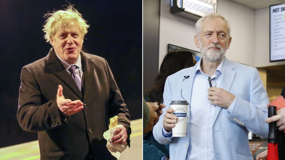 Boris Johnson eating a Greggs sausage roll, and Jeremy Corbyn inside a store, ahead of the 2019 general election.