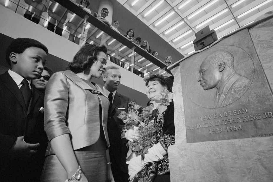 <strong>Boston University (Boston):</strong> New England's largest city is where MLK Jr. and Coretta Scott met and courted. He attended Boston University, and she went to the New England Conservatory of Music. In this photo, she unveils a bas relief of her late husband at Mugar Memorial Library on the BU campus.