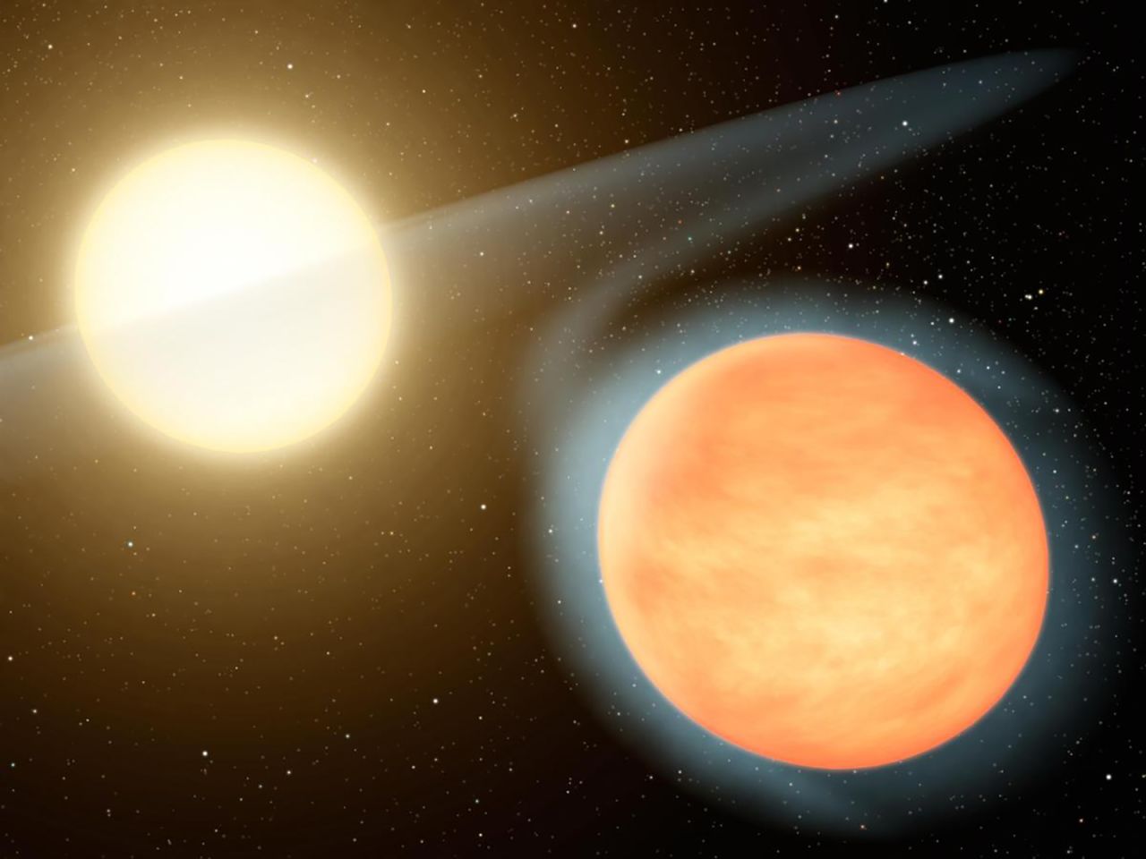 An illustration of WASP-12b as it spirals in a death dance towards its star. The planet will meet its end in three million years.