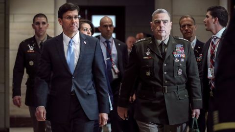 Secretary of Defense Mark Esper and Chair of the Joint Chiefs of Staff Gen. Mark Milley arrive for briefing with members of the U.S. House of Representatives about the situation with Iran, at the U.S. Capitol on January 8, 2020 in Washington, DC. 
