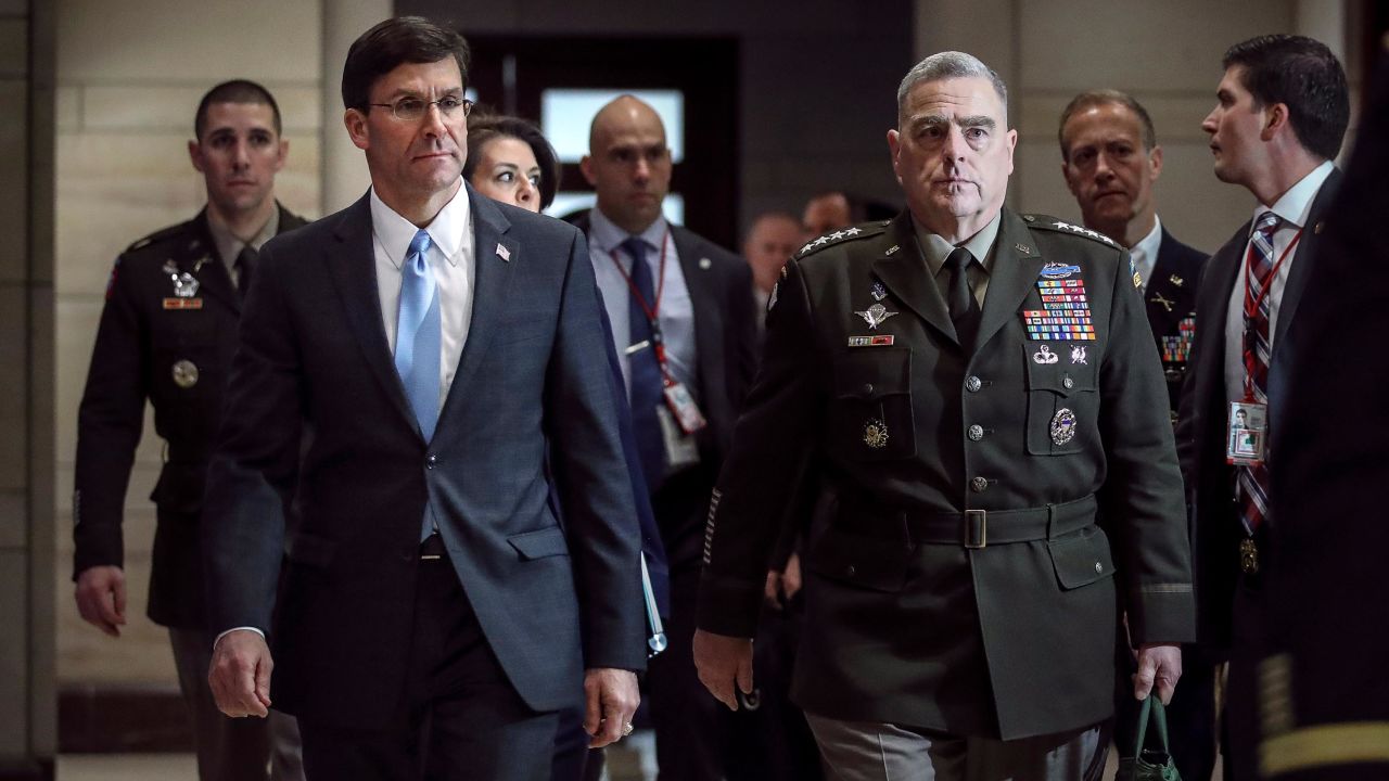 Secretary of Defense Mark Esper and Chair of the Joint Chiefs of Staff Gen. Mark Milley arrive for briefing with members of the U.S. House of Representatives about the situation with Iran, at the U.S. Capitol on January 8, 2020 in Washington, DC.