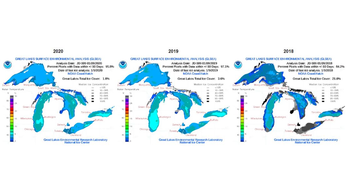 National Oceanic and Atmospheric Administration ice coverage reports for January 9 in 2020, 2019 and 2018.