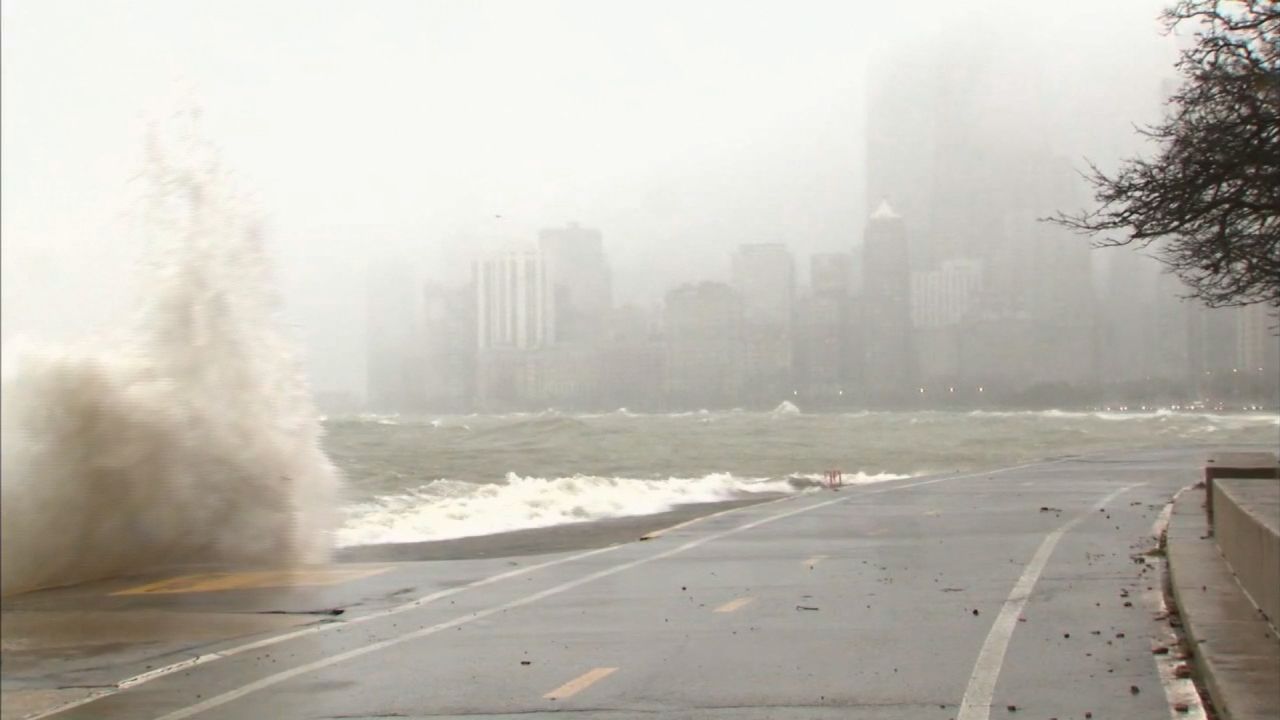 Winds were whipping up large waves in Lake Michigan in the Chicago area Saturday morning. Forecasters were warning of possible lakeshore flooding in the area.