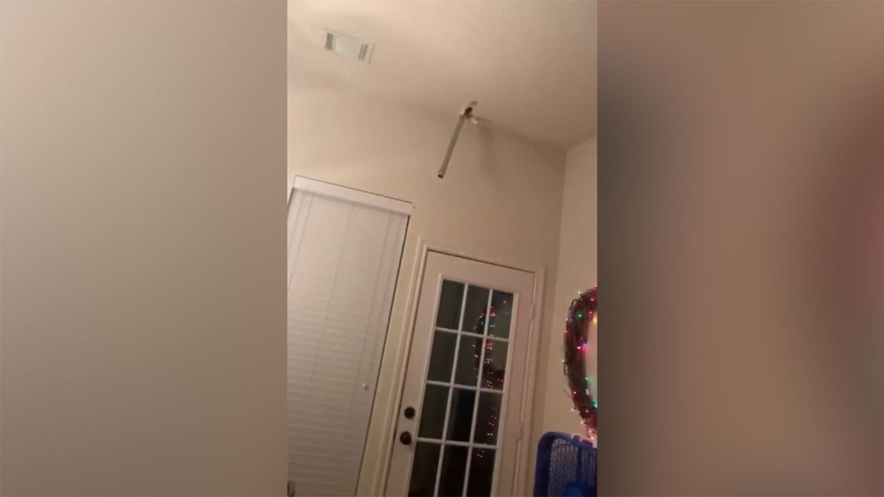 A trampoline pole crashed through the roof of Dylan Becton's home in College Station, Texas, on Friday.