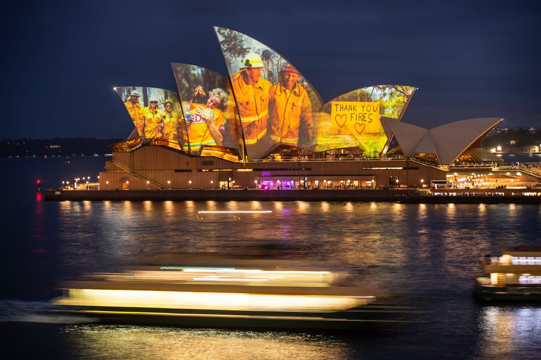 A projection on the Sydney Opera House honors  firefighters on January 11. 