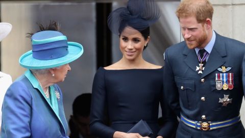 File photo of the Queen with the Duke and Duchess of Sussex during an RAF flypast of Buckingham Palace in 2018. 