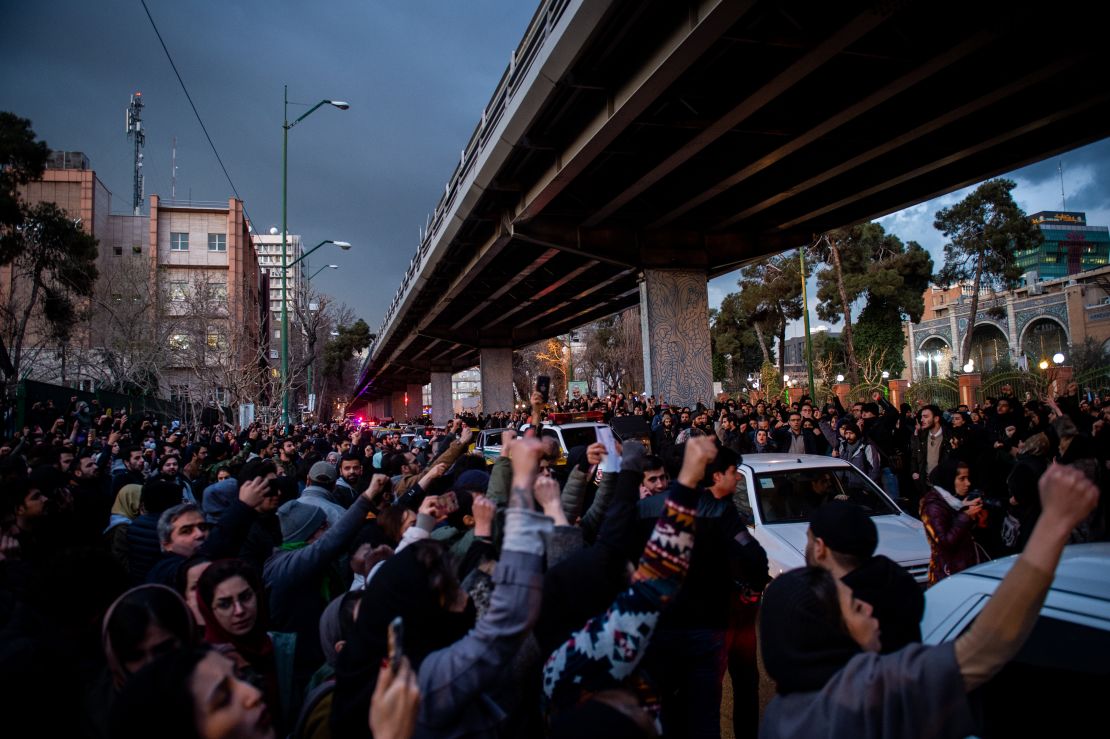 Demonstrators chant during a vigil for the victims of the Ukraine airliner crash in Tehran on January 11.