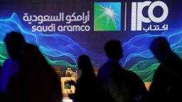 A sign of Saudi Aramco's initial public offering (IPO) is seen during a news conference by the state oil company at the Plaza Conference Center in Dhahran, Saudi Arabia November 3, 2019. REUTERS/Hamad I Mohammed     TPX IMAGES OF THE DAY
