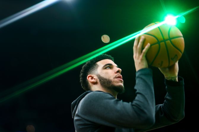 Pelicans guard Lonzo Ball warms up before a game against the Boston Celtics at TD Garden on January 11.