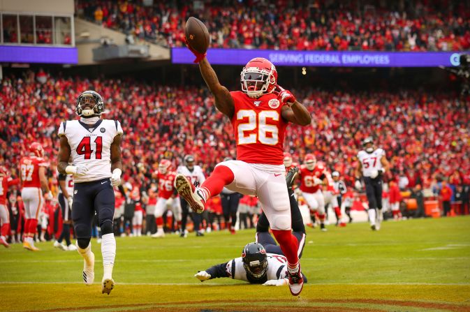 Kansas City Chiefs running back Damien Williams celebrates in the end zone after scoring a second-quarter touchdown against the Houston Texans during their <a href="index.php?page=&url=https%3A%2F%2Fbleacherreport.com%2Farticles%2F2871003-patrick-mahomes-chiefs-advance-to-afc-title-game-after-massive-rally-vs-texans" target="_blank" target="_blank">AFC Divisional Round playoff game in Kansas City</a> on Sunday, January 12. The Chiefs, who trailed the Texans 21-0 after the first-quarter, stormed back to win the game 51-31.