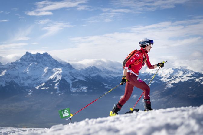 Switzerland's Caroline Ulrich competes in the Ski Mountaineering Women's Individual race during the 2020 Winter Youth Olympic Games, in Bretaye, Switzerland, on January 10.