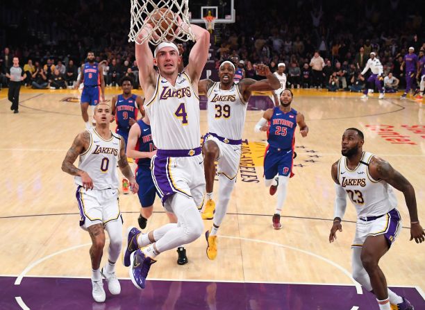 Los Angeles Lakers guard Alex Caruso dunks during the second half of of the game against the Detroit Pistons on Sunday, January 5, in Los Angeles. The Lakers <a href="index.php?page=&url=https%3A%2F%2Fbleacherreport.com%2Farticles%2F2869867-lebron-james-triple-double-leads-anthony-davis-lakers-to-win-vs-pistons" target="_blank" target="_blank">extended their winning streak</a> to five games by defeating the Pistons 106-99.