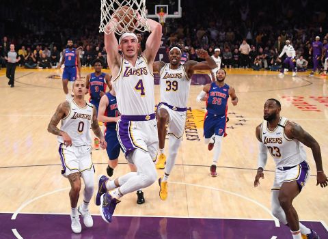 Los Angeles Lakers guard Alex Caruso dunks during the second half of of the game against the Detroit Pistons on Sunday, January 5, in Los Angeles. The Lakers <a href="https://bleacherreport.com/articles/2869867-lebron-james-triple-double-leads-anthony-davis-lakers-to-win-vs-pistons" target="_blank" target="_blank">extended their winning streak</a> to five games by defeating the Pistons 106-99.