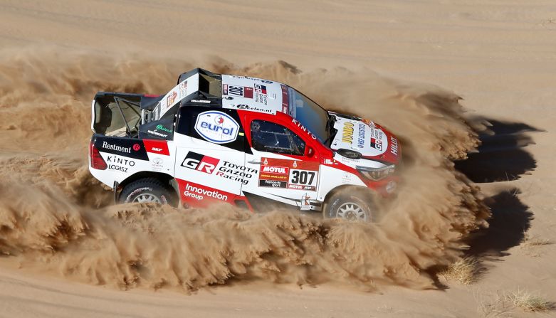 Toyota Gazoo Racing WRT driven by Netherlands' Bernhard ten Brinke and Belgium's Tom Colsoul compete during the 2020 Dakar Rally on Sunday, January 5, in Saudi Arabia. The 14-stage rally cancelled Stage 8 on Sunday, January 12, after Portuguese motorbike rider <a href="index.php?page=&url=https%3A%2F%2Fwww.cnn.com%2F2020%2F01%2F12%2Fworld%2Fmotorbike-death-saudi-arabia-trnd%2Findex.html" target="_blank">Paulo Gonçalves</a> died following a crash.