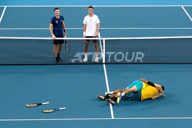 Australia's Alex de Minaur and Nick Kyrgios celebrate winning their quarter final doubles match against Britain's Jamie Murray and Joe Salisbury on Thursday, January 9, in Sydney, Australia. They <a href="index.php?page=&url=https%3A%2F%2Fbleacherreport.com%2Farticles%2F2870439-atp-cup-2020-thursday-tennis-scores-results-and-updated-schedule" target="_blank" target="_blank">won 18-16</a> in the final set.