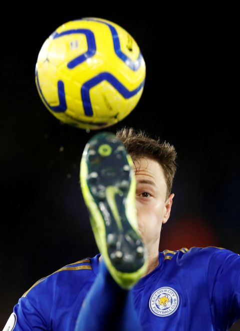 Leicester City's Jonny Evans kicks the ball during a match against Southampton on Saturday, January 11, in Leicester. Southampton won 2-1.