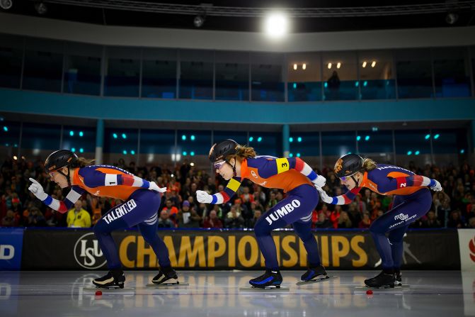 Team Netherlands competes in the Ladies Team Pursuit during the third day of the ISU European Speed Skating Championship on Sunday, January 12, in Heerenveen, Netherlands.