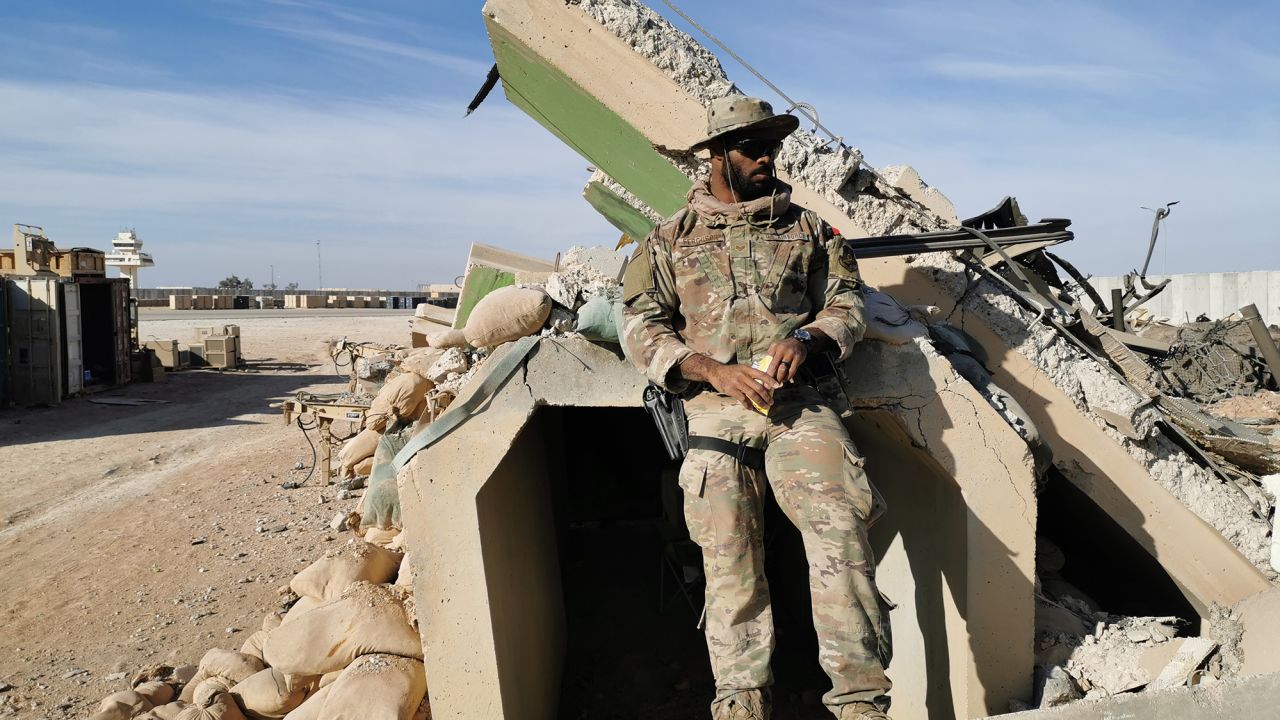 Sergeant Ferguson outside a US-made military bunker, similar to the one he took cover in on the night of the Iranian attacks.