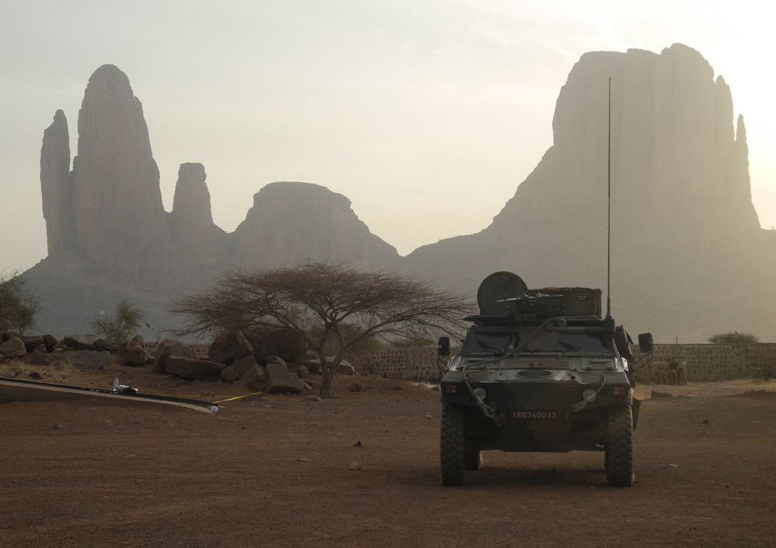 A French armoured vehicle drives by the Mount Hombori on March 27, 2019, in Mali's Gourma region as part of France's Operation Barkhane.