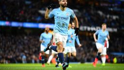 MANCHESTER, ENGLAND - FEBRUARY 03: Sergio Aguero of Manchester City celebrates his first goal during the Premier League match between Manchester City and Arsenal FC at Etihad Stadium on February 03, 2019 in Manchester, United Kingdom. (Photo by Clive Mason/Getty Images)
