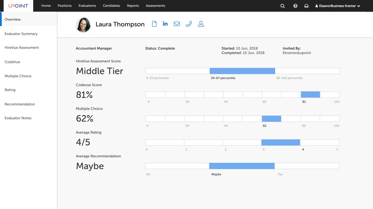 A mockup of a report that a company would receive after AI is used to assess a job candidate's HireVue interview, showing how the person compared to others who were interviewed and an average recommendation for the candidate. In this example, the candidate also completed a coding task and answered multiple-choice questions.