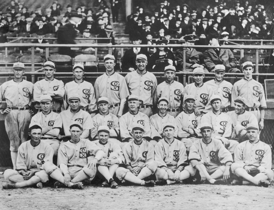 The 1919 White Sox pose for a group photo. They would after this year be known as the "Black Sox Scandal" team because of the allegation that eight members of the team accepted bribes to lose the 1919 World Series.