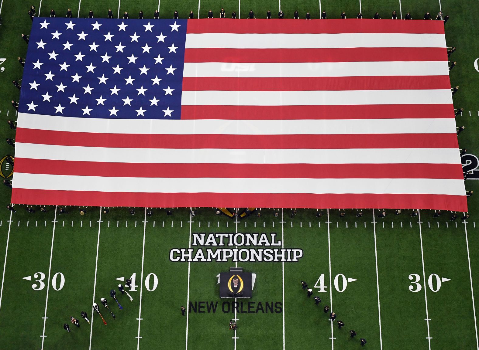 An aerial view as the National Anthem is performed before the start of the game.