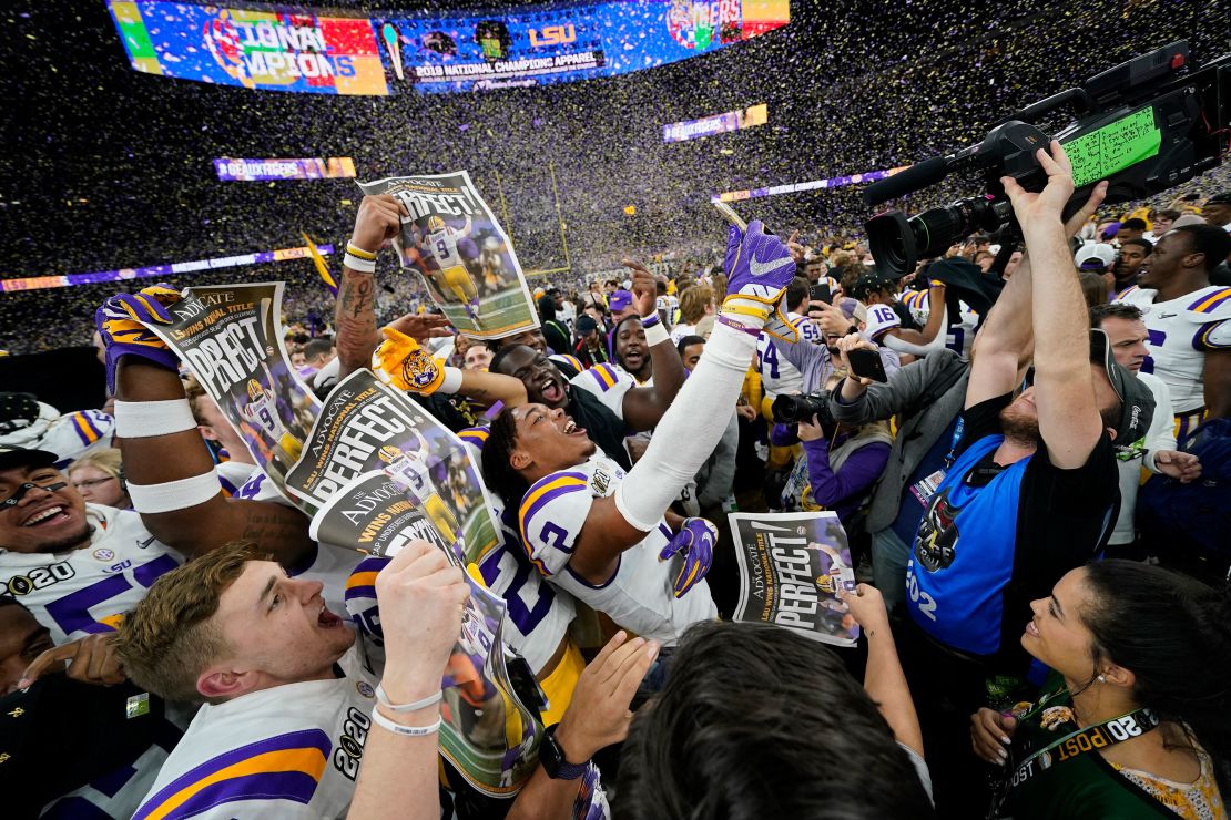 LSU celebrates after their win against Clemson on Monday night. 