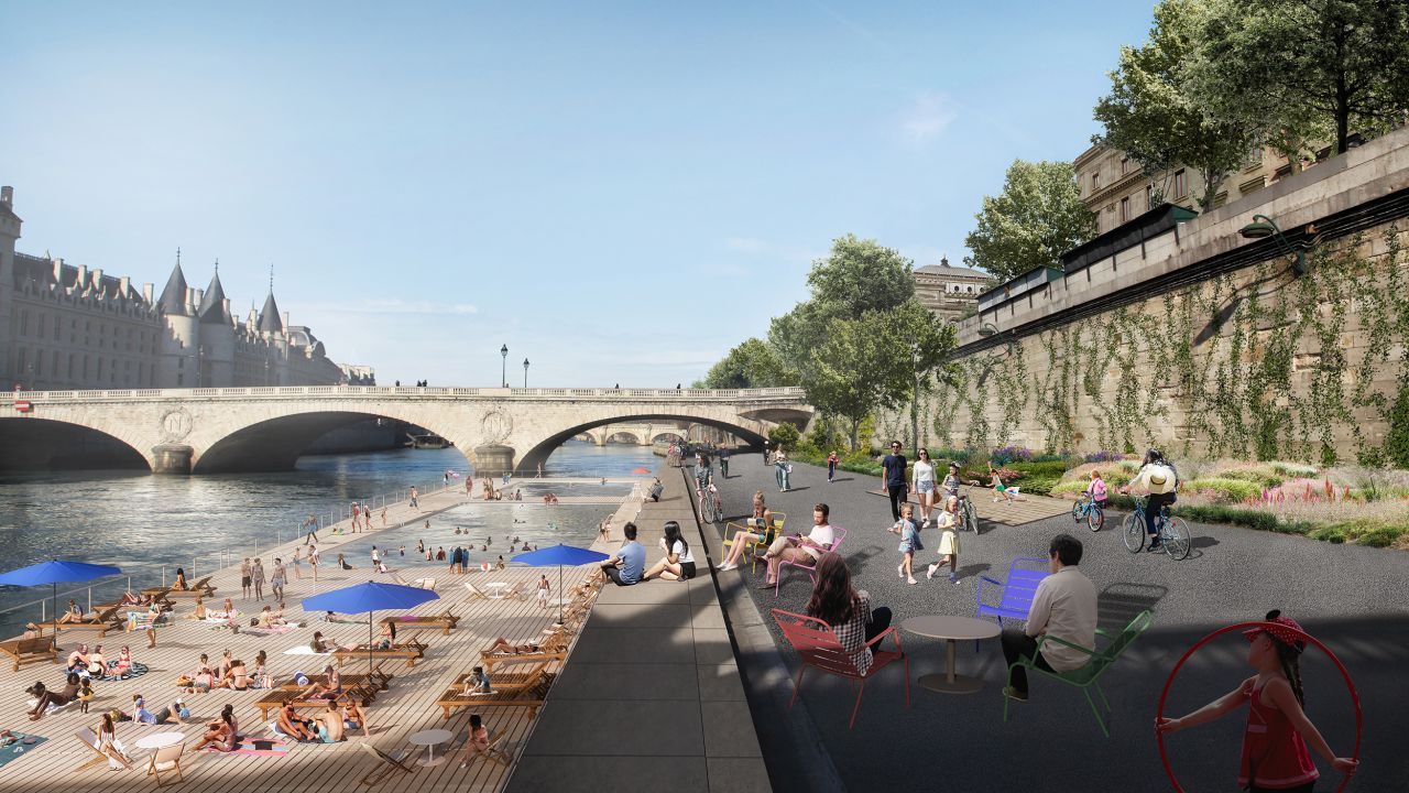 Paris' urban renewal campaign, titled "Reinventing Paris," includes making the Seine clean enough to host the 2024 Olympic triathletes. A photo rendering shows just what this would look like.