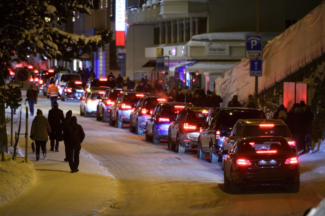 Cars line up in Davos, Switzerland on the opening day of the World Economic Forum in 2017.