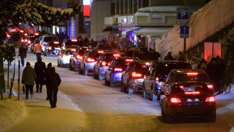 Cars line up in Davos, Switzerland on the opening day of the World Economic Forum in 2017.