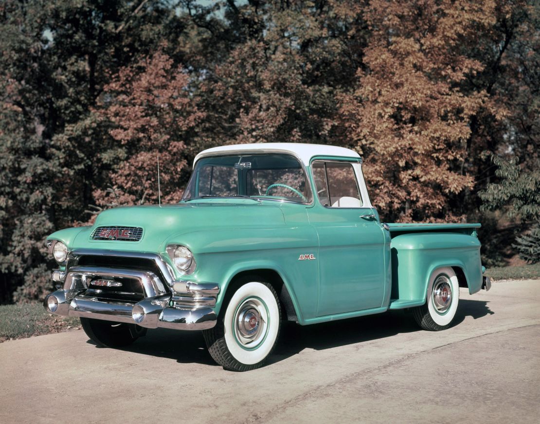 A 1955 GMC Series 100 Deluxe ST pickup. For many years, GMC sold its trucks to professional users while Chevrolets were marketed mostly for personal use.
