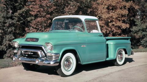 A 1955 GMC Series 100 Deluxe ST pickup. For many years, GMC sold its trucks to professional users while Chevrolets were marketed mostly for personal use.