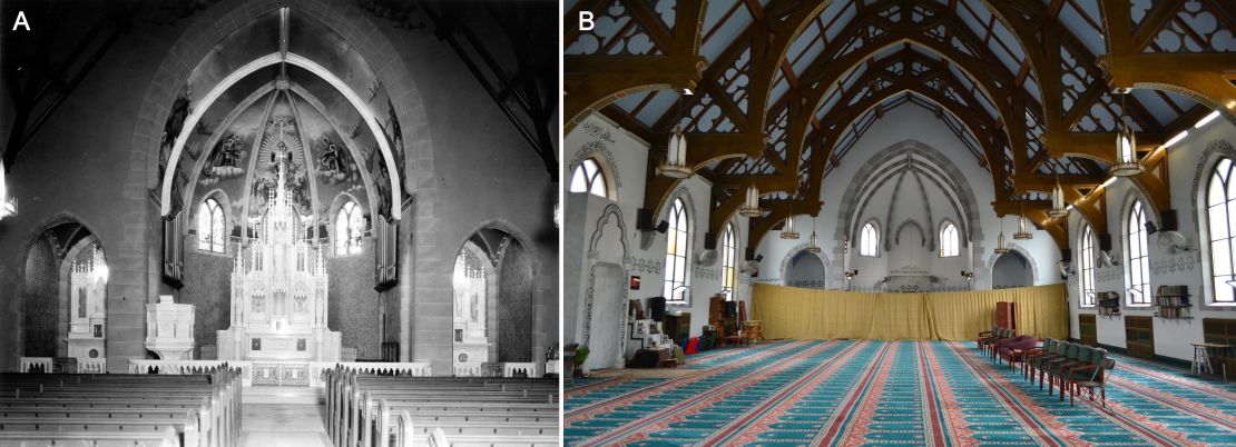 The image on the left is an undated interior view of Queen of Peace Roman Catholic Church. On the right is an interior view of the Jami Masjid today.