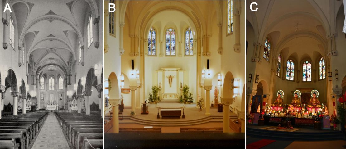 From left to right: an interior view of the former St. Agnes Roman Catholic Church from 1934; a photograph from 1986, showing significant simplifications in interior ornamentation; and the Buddhist temple today. 