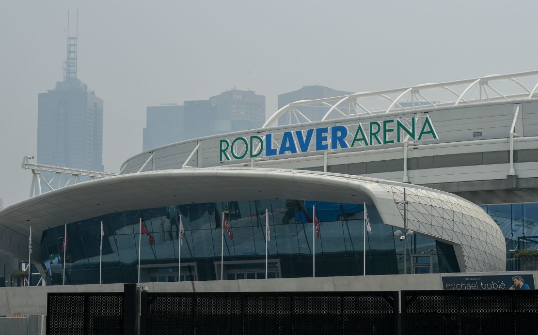 Smoke haze from unprecendented bushfires hover over the Rod Laver Arena ahead of the Australian Open.