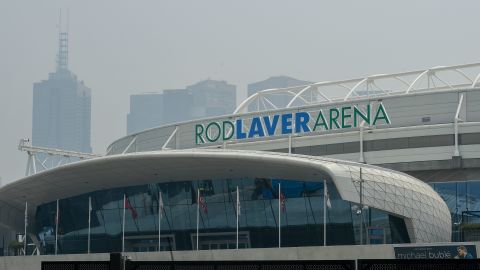 A smoke haze from bushfires hangs over Melbourne Park's Rod Laver Arena.