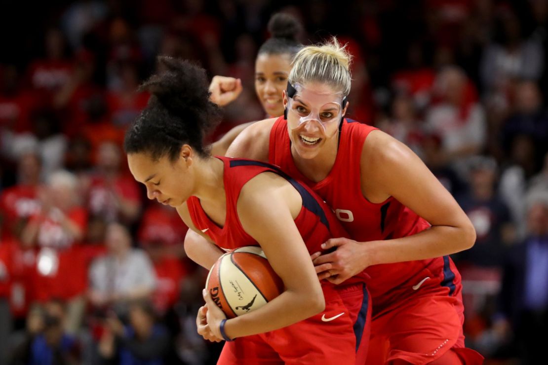 Two-time MVP Elena Delle Donne, right, and Kristi Toliver celebrate during Game 5 of the WNBA Finals in October. 