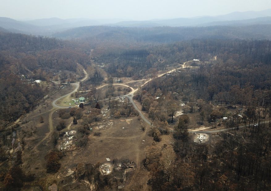 Properties damaged and destroyed by fire are seen in Nerrigundah, Australia, on Monday, January 13.