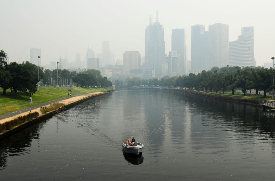 A smoky haze from bushfires hovers over the Melbourne skyline ahead of the <a href="https://www.cnn.com/videos/sports/2020/01/14/australian-open-air-quality-issues-fires-dalila-jakupovic-sharapova-tennis-spt-intl-lon-orig.cnn" target="_blank">Australian Open</a> tennis tournament on Tuesday, January 14. Poor air quality disrupted the qualifying rounds of the tournament.