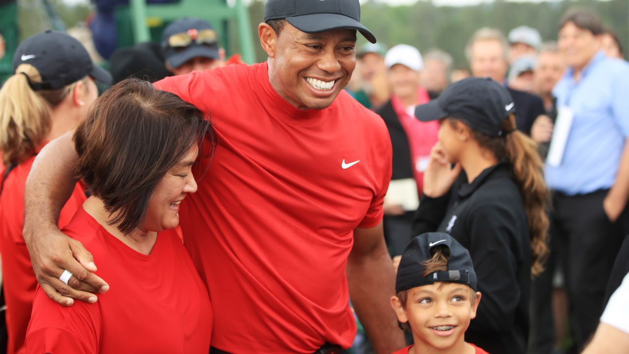 Tiger Woods celebrates with son Charlie after winning the Masters in 2019.