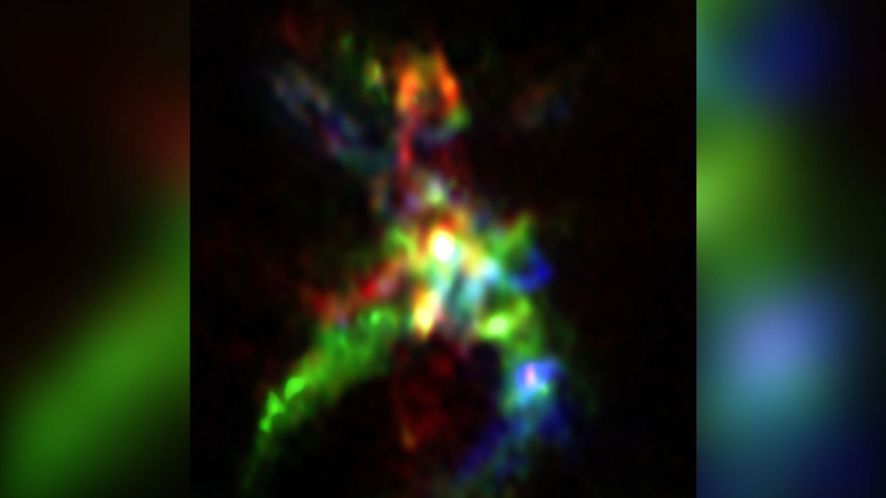 This ALMA image shows a detailed view of the star-forming region AFGL 5142. Flows of gas pave pathways where phosphorus molecules form.