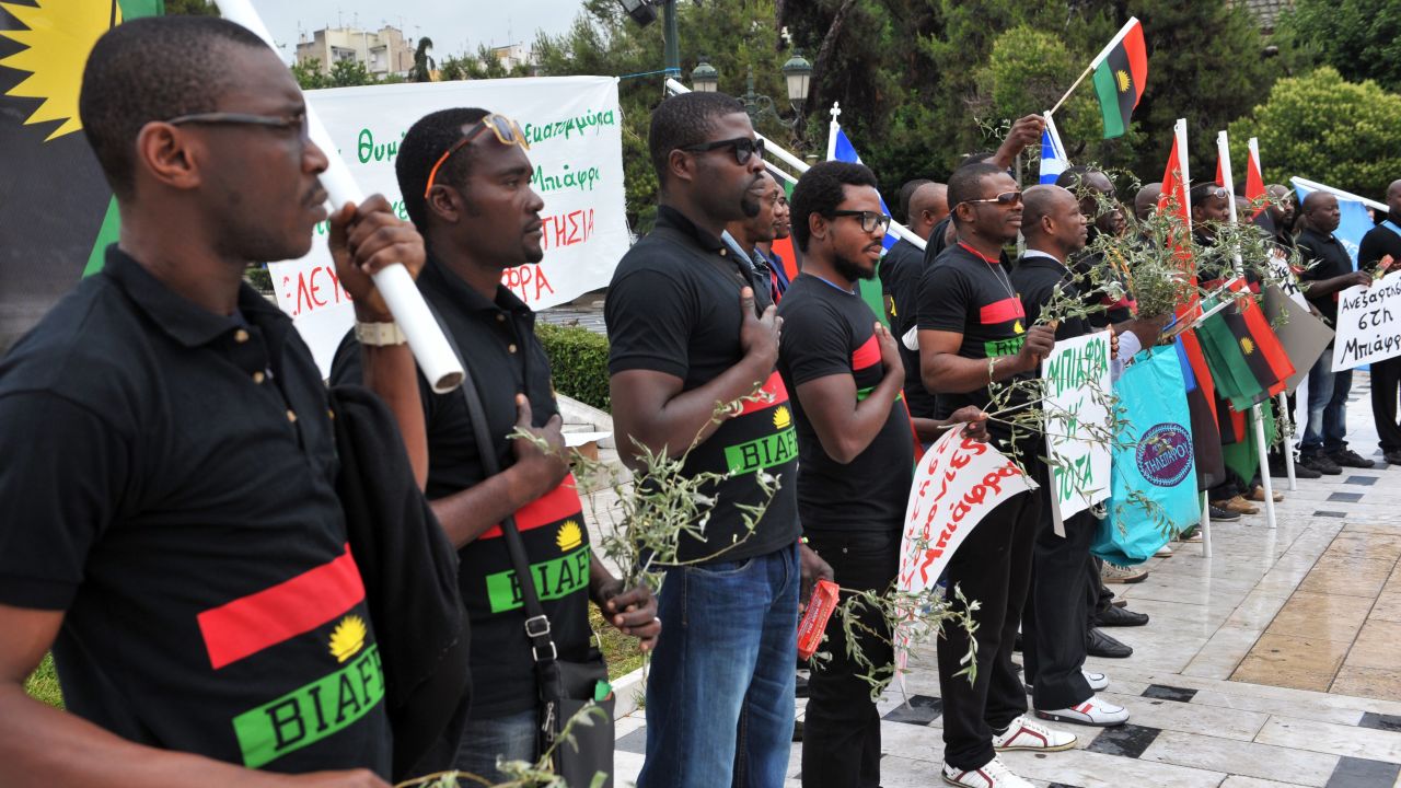 People from Biafra gather during a worldwide demonstration organised by the Indigenous People of Biafra in 2014