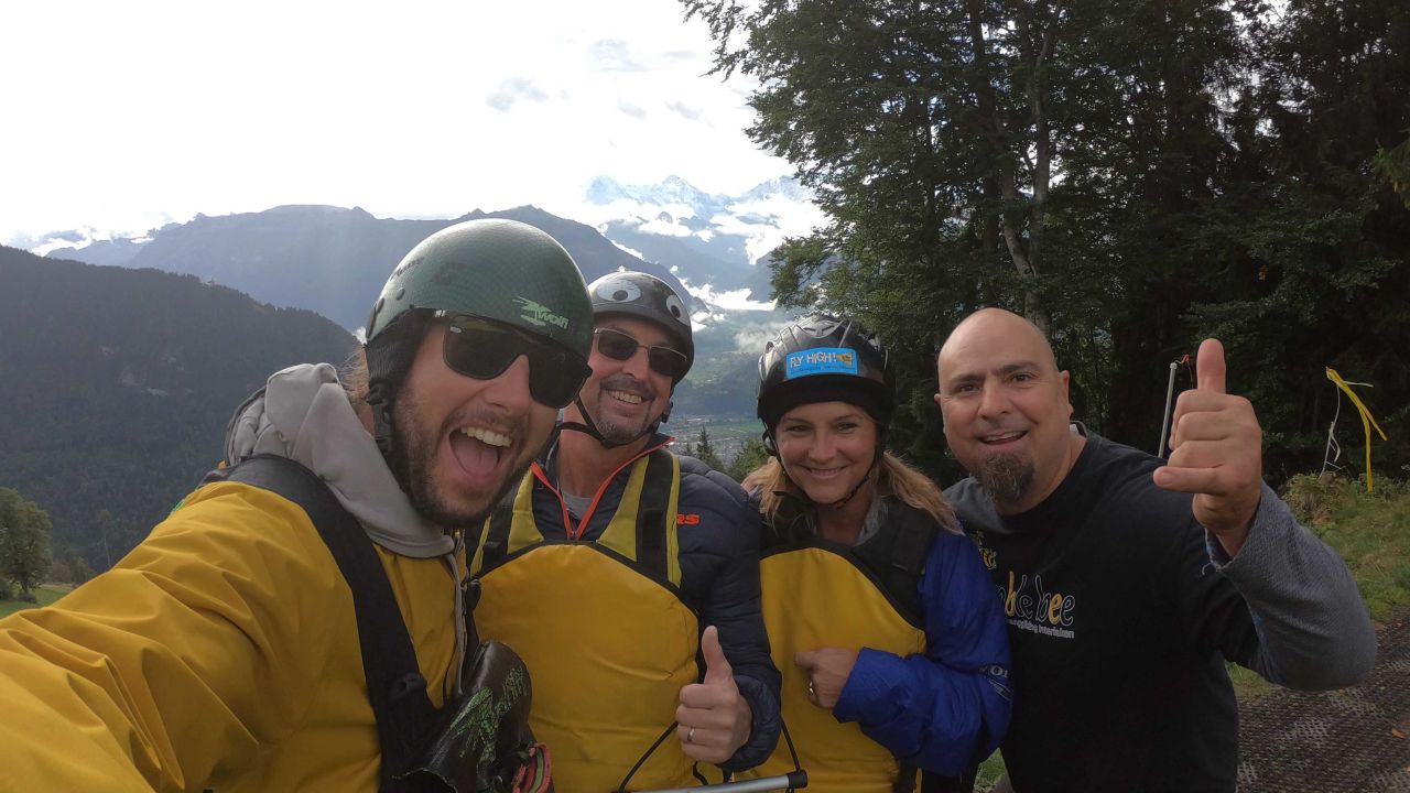 <strong>Hanging with the pros:</strong> The couple chose a different hang-gliding company this time round -- in fact, Gursky was flying with Wolfgang Siess, pictured left, who is thought to be one of the world's best hang gliders.