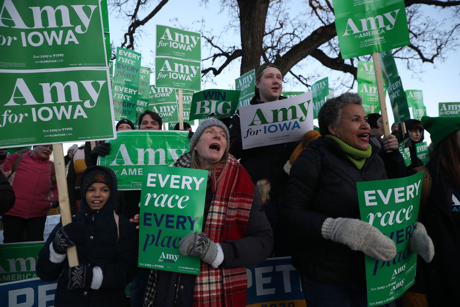 Klobuchar supporters hold a rally on the Drake campus before the debate on Tuesday.
