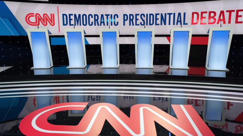 The stage for the seventh Democratic primary debate of the 2020 presidential campaign season co-hosted by CNN and the Des Moines Register at the Drake University campus in Des Moines, Iowa on January 14, 2020. (Photo by Kerem Yucel / AFP) (Photo by KEREM YUCEL/AFP via Getty Images)