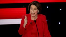 Amy Klobuchar participates in the Democratic debate in Des Moines, Iowa, on January 14.