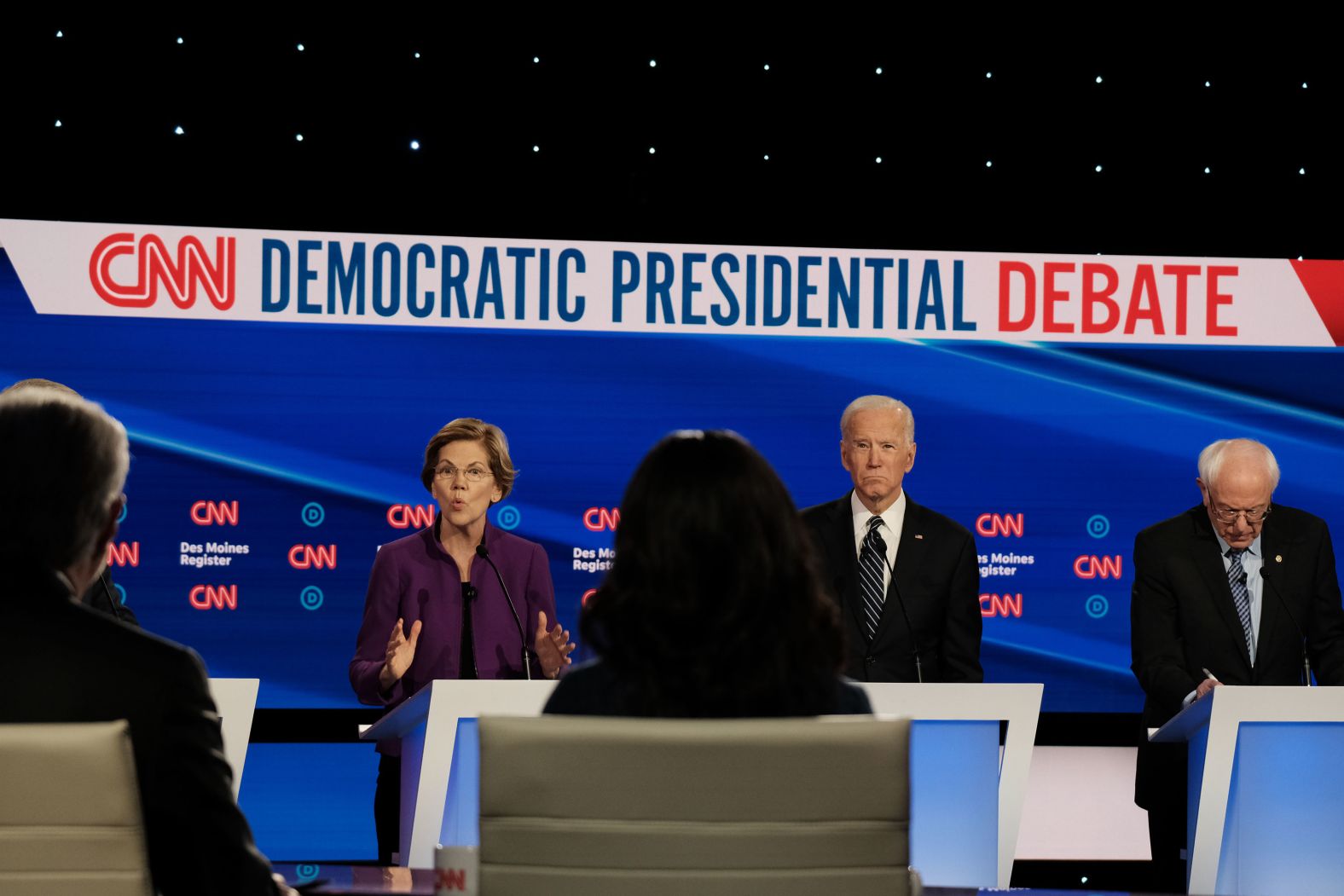 Warren answers a question during the first half of the debate.
